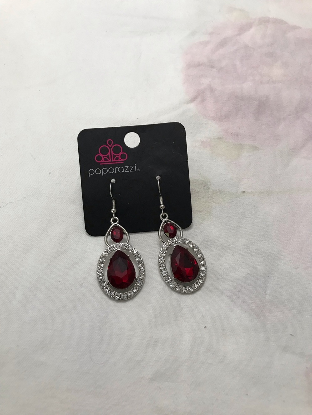 Paparazzi Silver Tone Elegant Red and White Crystal Rhinestone Long Earrings